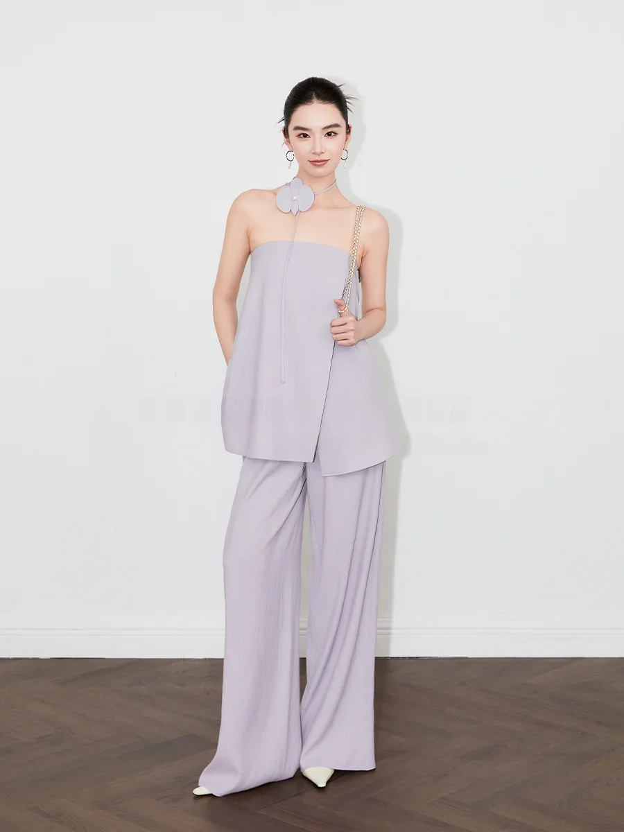 

SUK Молодежные брюки с высокой талией и широкими штанинами с цветочным принтом, комплект ручной работы с воротником орхидеи и узлом Faion, женский комплект Ele Sle из полиэфирного волокна...