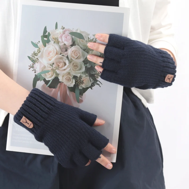 Unisex Elastic Knitted Fingerless Gloves Winter Thicken Warm Touch Screen Mittens for Men Women Warm Half Finger Work Gloves