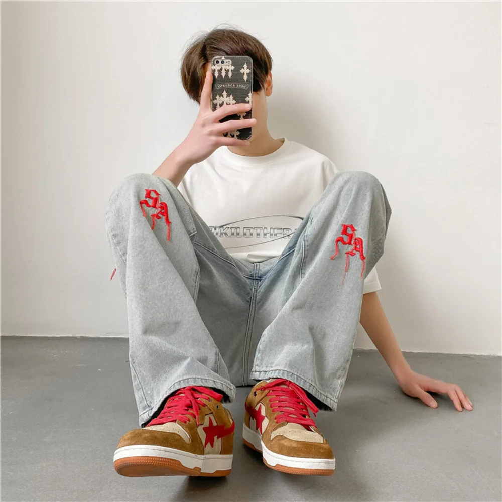 New Spring 2023 Men Baggy Straight Jeans Hip Hop Streetwear Y2K Vintage Fashion Trousers Embroidery Scratch Wide-leg Denim Pants