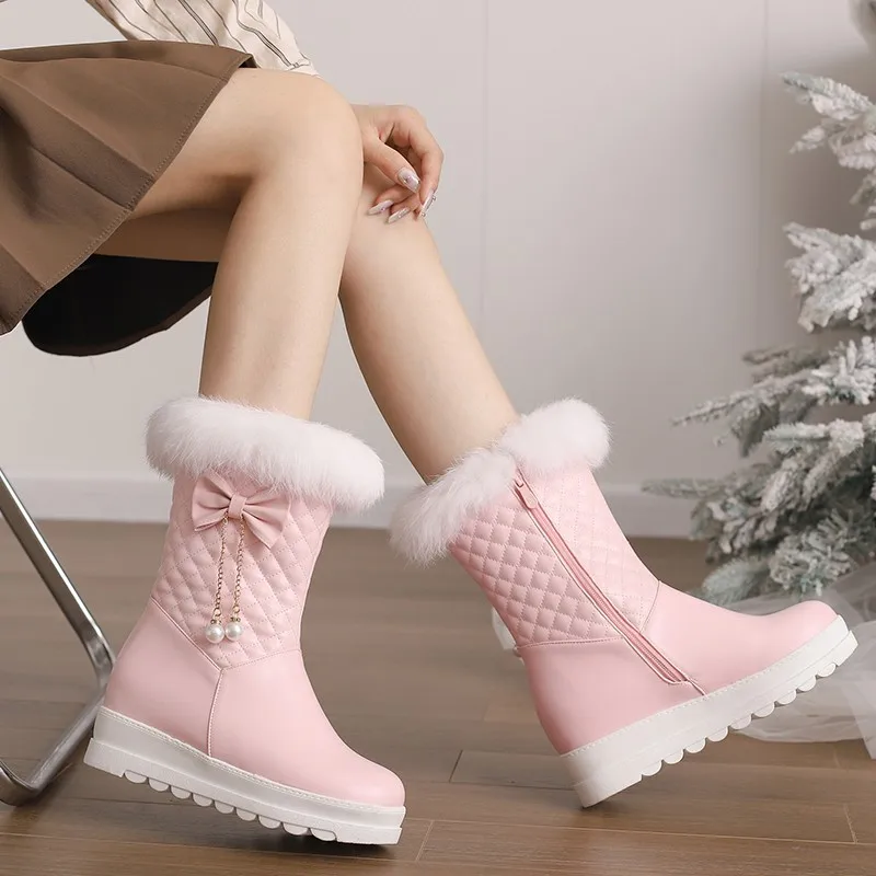 Fashion Women Snow Boots 2023 Winter Booties Height Lncreasing Platform Thick Plush Warm Zip Winter Shoes 34-43 White Pink Black