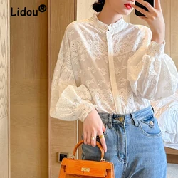 Women Hollow Embroidery Lace Ruffle Chic Elegant Shirts Fashion White Simple Casual Blouses Cotton Long Sleeve Loose Tops Blusa