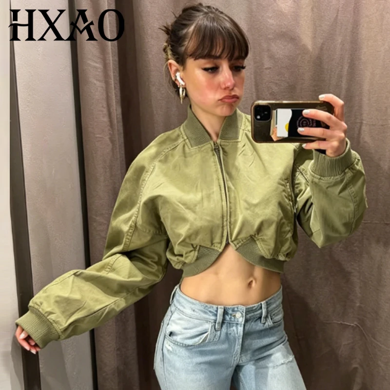 

HXAO Crop Green Jackets Women's Jacket Spring Summer 2026 Casual Long Sleeve Zipper Varsity Outerwears Outdoor Streetwear Coats