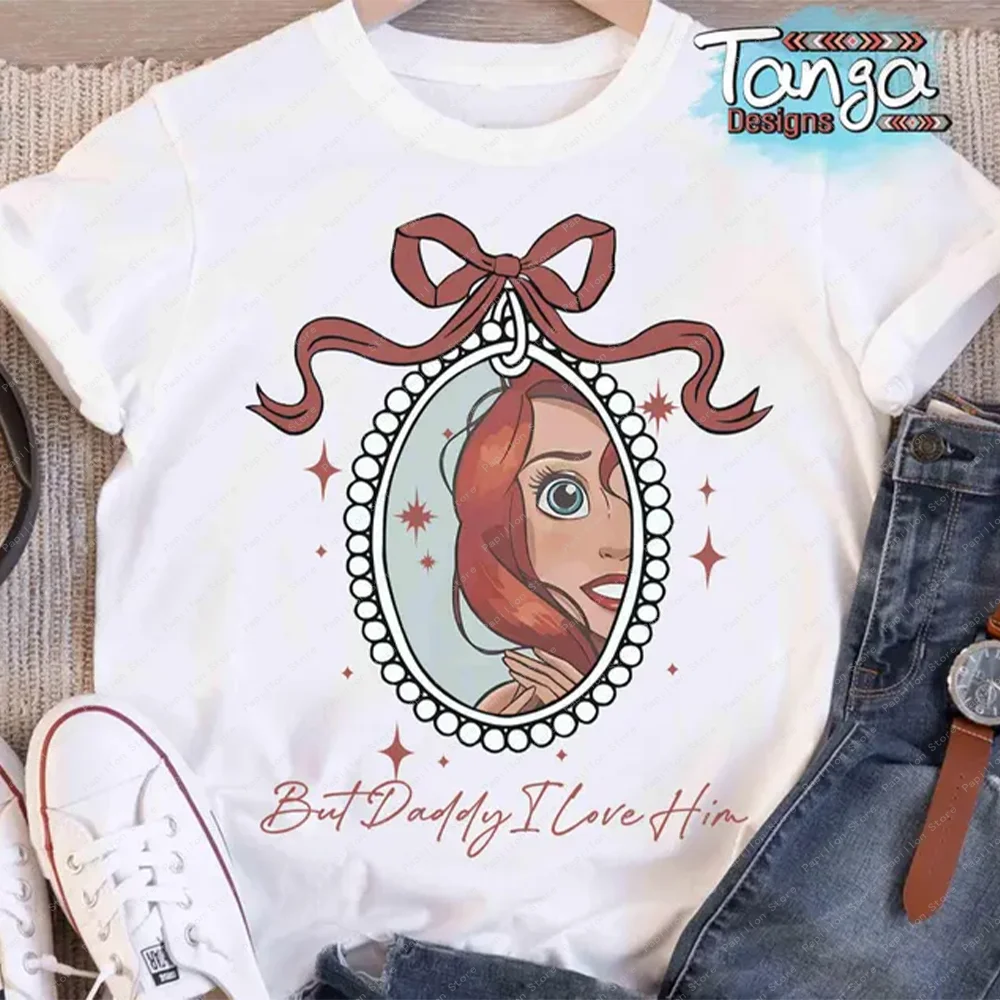 Coquete arco aquarela mas papai eu amo ariel princesa camisas disney sereia t reino mágico 2025 algodão menina roupas superiores