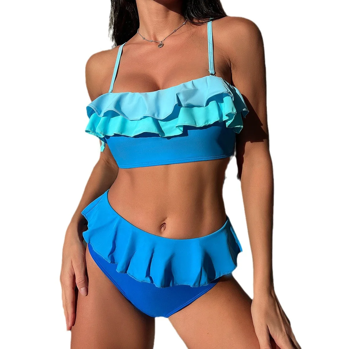 Blauwe Ruche Hoge Taille Bikini 2024 Vrouwen Sexy Tweedelig Badpak Push-Up Badkleding Dames Badpak Zwembad Zomer Strandkleding