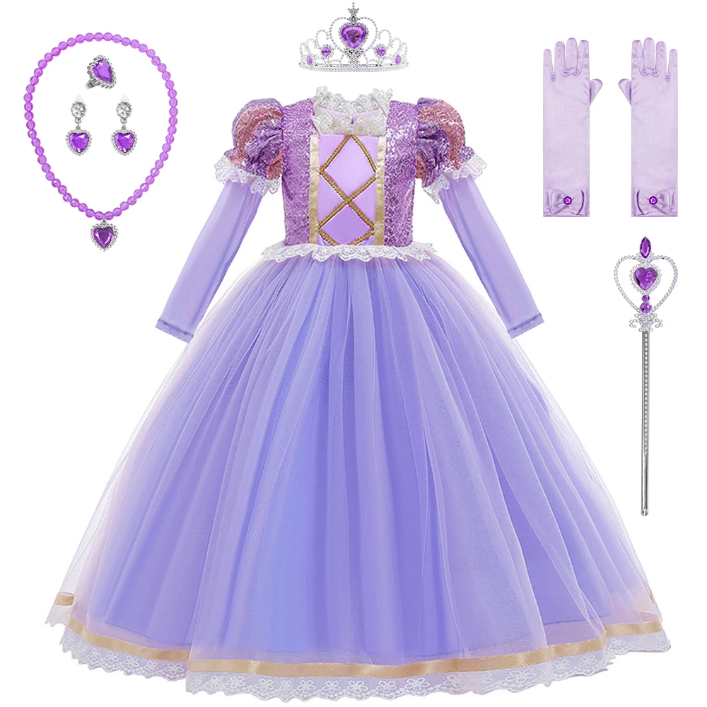 Girls Carnival Costume Sequin Princess Rapunzel Purple Puff Sleeve Cosplay Tangled Costume With Crown  Birthday Ball Gown Clot