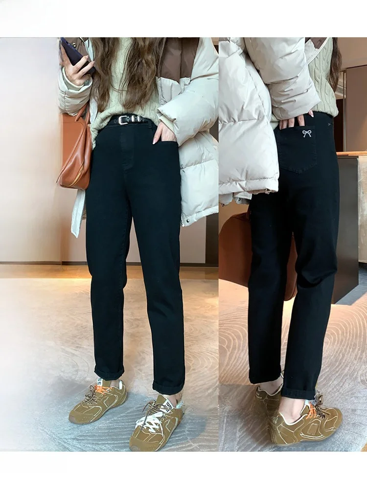 

Джинсы NAZ больших размеров, прямого кроя, с высокой талией, черные, женские, осенне-зимние, модные, повседневные, удобные, без стрейча