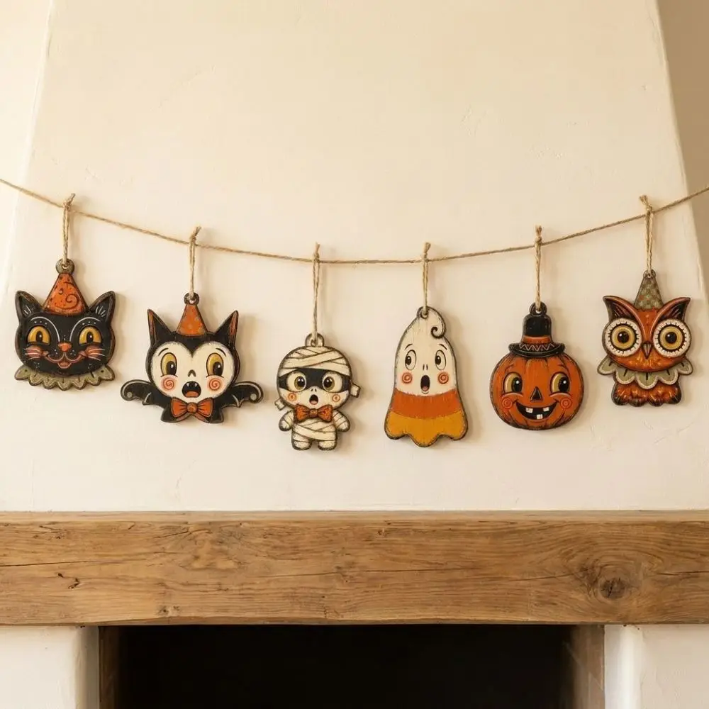 Vintage Style Halloween Pumpkin Ghost Pendant Trick or Treat Distressed Painted Owls Bat Hanging Decoration Rustic with Rope