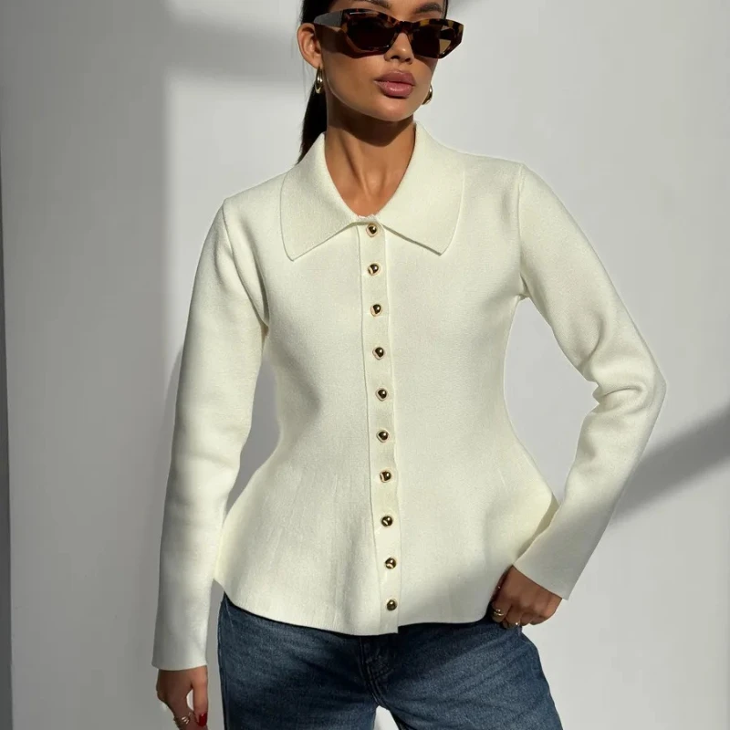 TARUXY-suéter tejido con solapa para mujer, moda con dobladillo acampanado, manga larga, un solo pecho, suéter de punto ajustado para ocio, abrigo para mujer de otoño