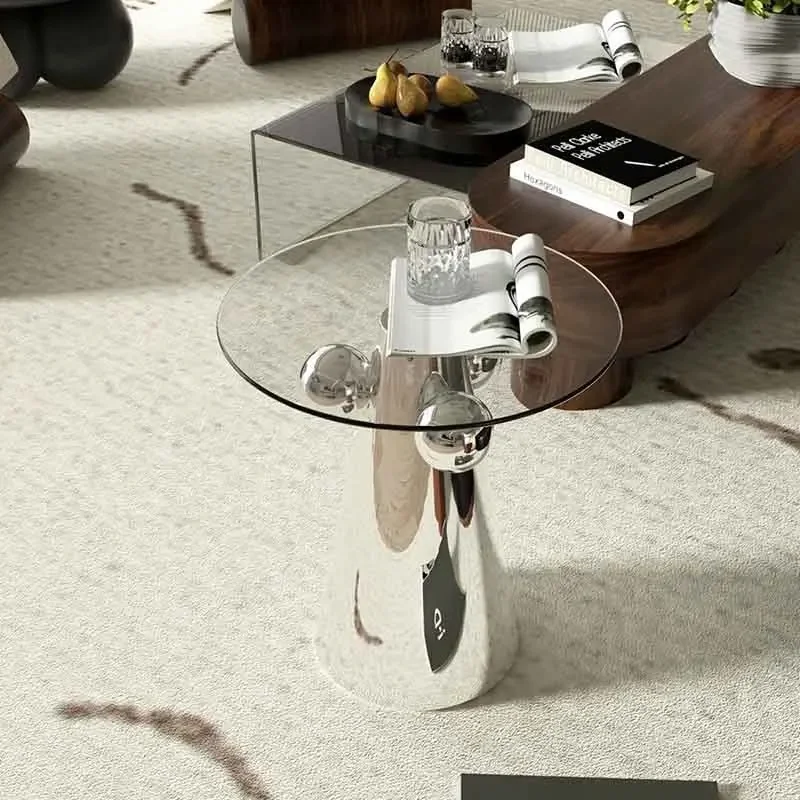 Nordic Furniture,Stainless Steel Coffee Table,Creative Round Glass Tea Table,Living Room Sofa Side Table,Modern Storage Desk
