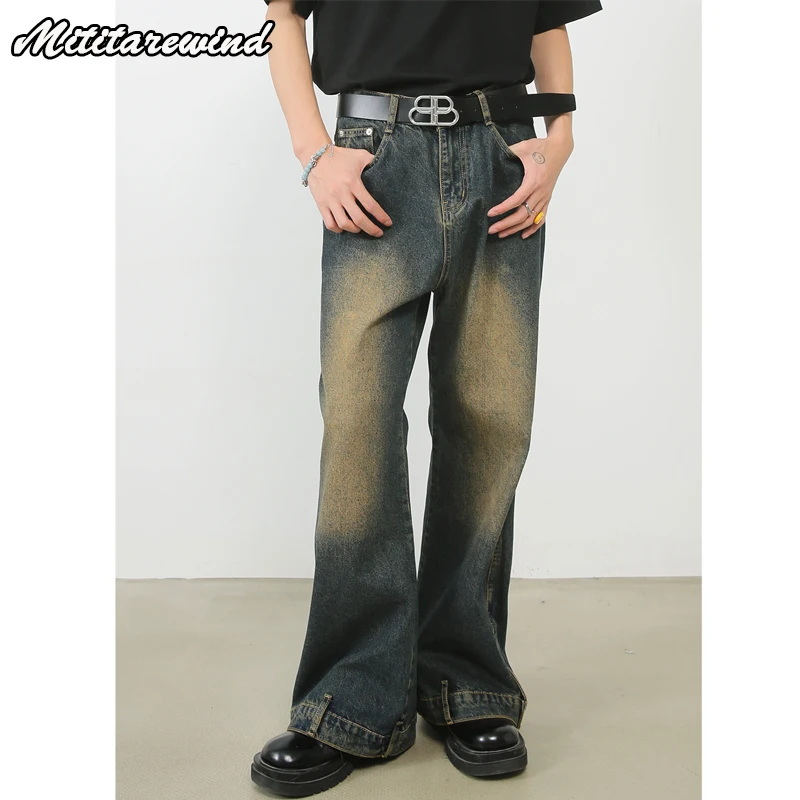 

High Street American Vibe Style Denim Pants Men Casual Straight Washed Distressed Denim Trousers Mid-waist Wide Leg Pants Men