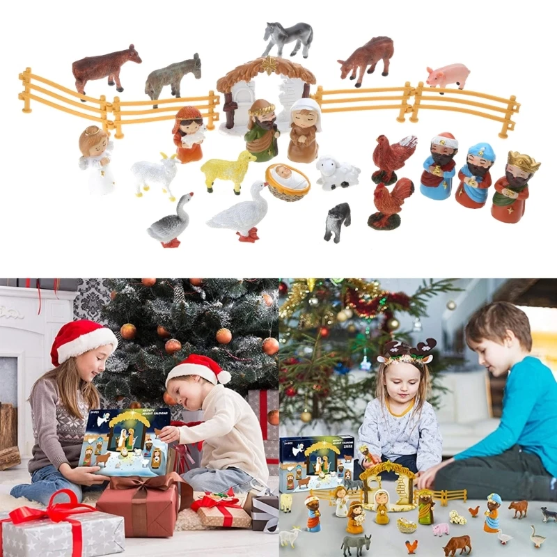 Jezus kerststal 24 minifiguren, heilige familie, magiërs, herder, engel, schapen, stal, dieren, hekken, harsmateriaal, voor