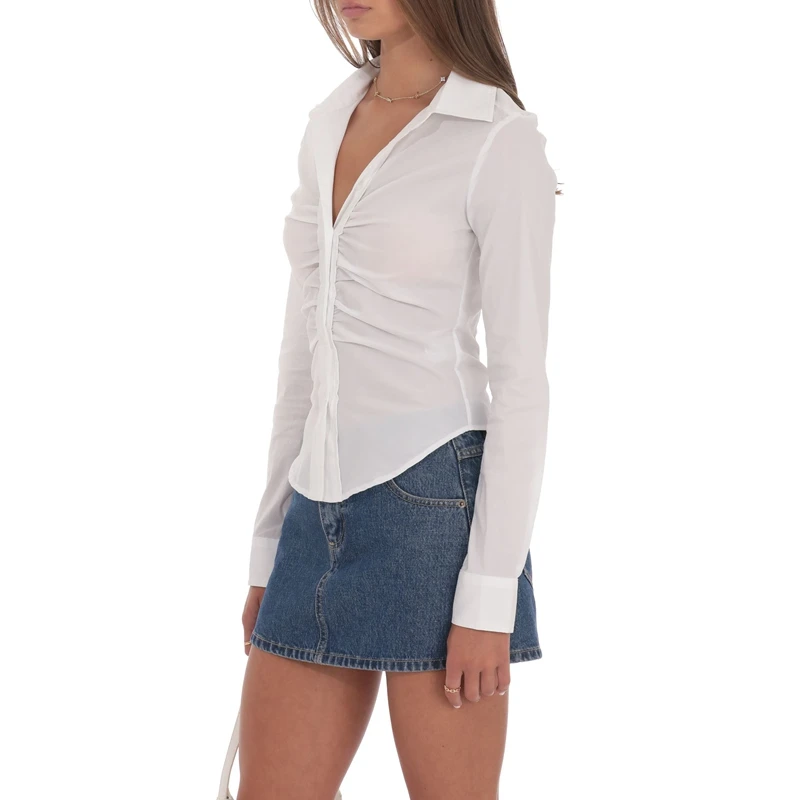 Combhasaki Vrouwen Effen Kleur Cleanfit Shirt Lange Mouw Button-down Revers Turkse Geplooide Ruches Buste Slanke Elegante Blouse tops