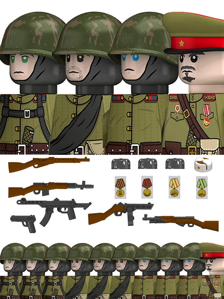 Figurines de soldats russes de la seconde guerre mondiale, blocs de construction, infanterie de l'armée, officier de guerrier de l'union soviétique, armes militaires, briques, jouets pour enfants