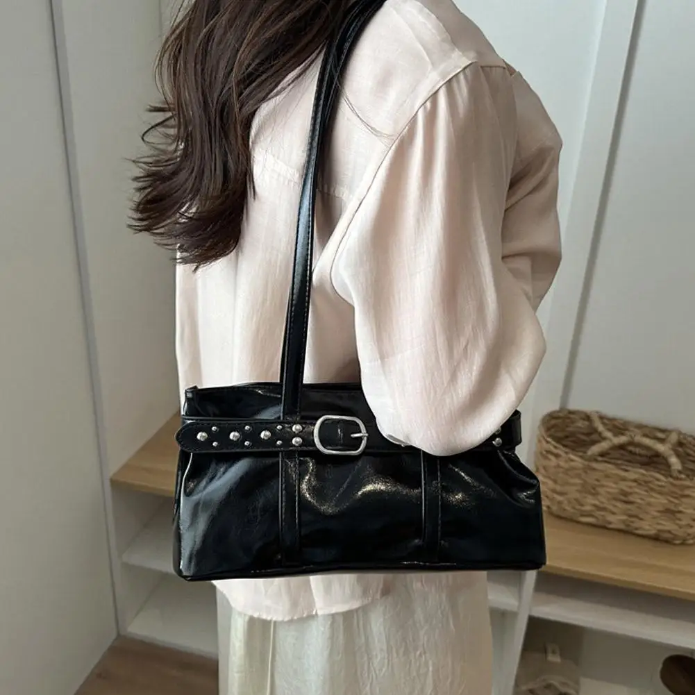 Vintage Motorrad-Gürtelschnallen-Schultertasche für Damen, europäische Retro-PU-Leder-Unterarmtasche, modische Handtasche für Büro und Pendeln – Detail 31