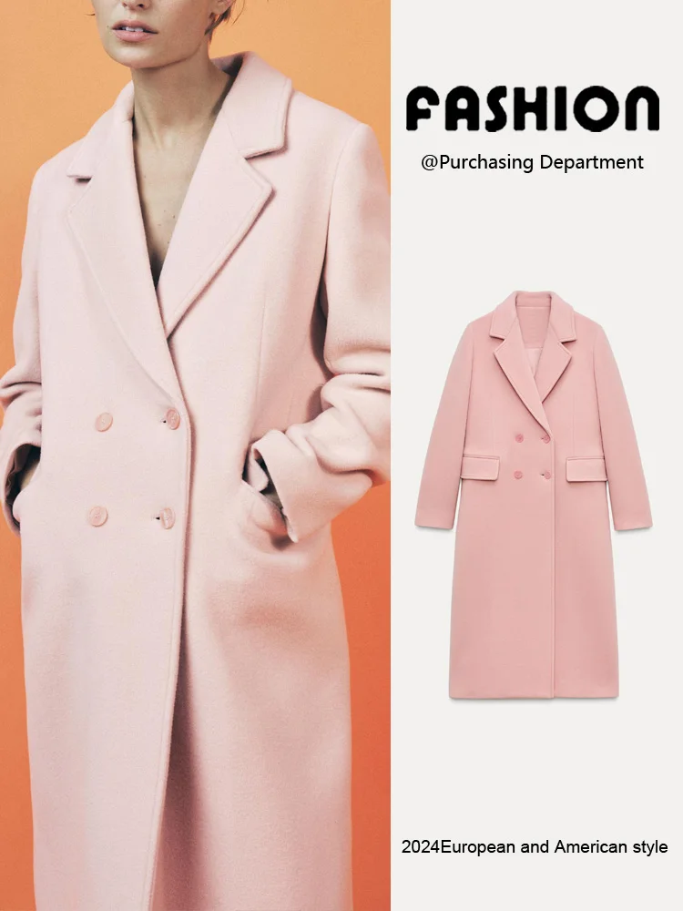 

Spring New Arrival Women's Mid-Length Double-Breasted Mixed-Fiber Long-Sve Collared Coat Outerwear ZA2025 222806