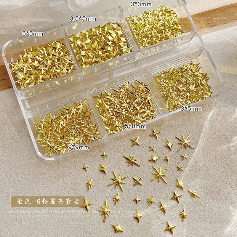 6 Grids Glossy Metallic Starlight Asterism Gold Silver Alloy Nail Art Rhinestones Decorations Manicure Rivets Studs Charms