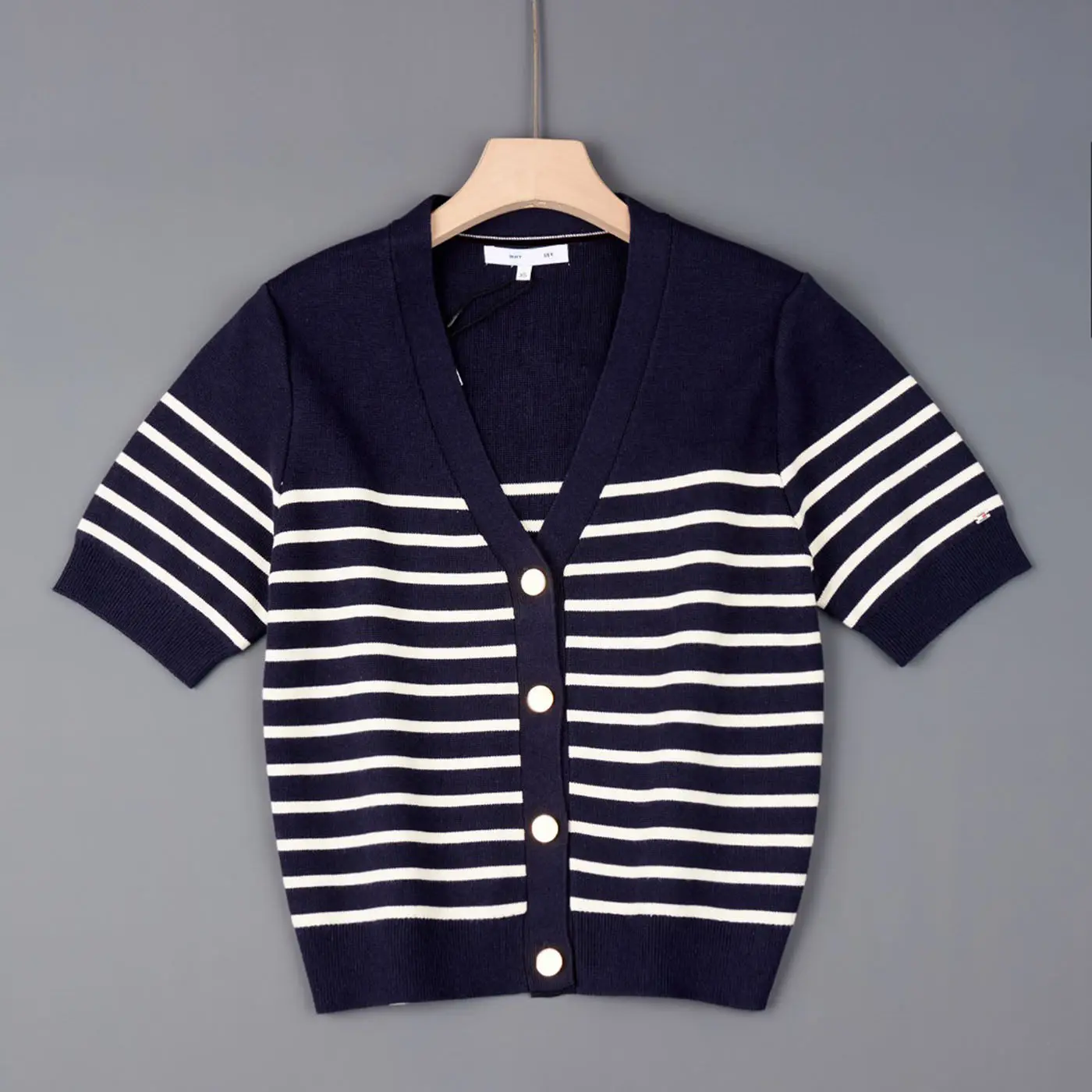 Casual Style Women's Knitted Short Sleeve V-Neck Button-Up Striped Open Cardigan Cotton Blend Bright Thread Detailing