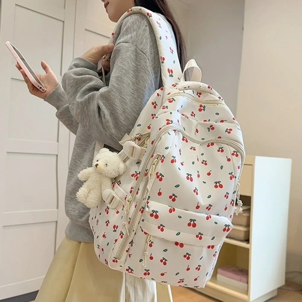 Large Capacity Floral Print Backpack Multi-compartment Thickened Bow Pattern School Bag Multi-pocket Durable Rucksack Junior