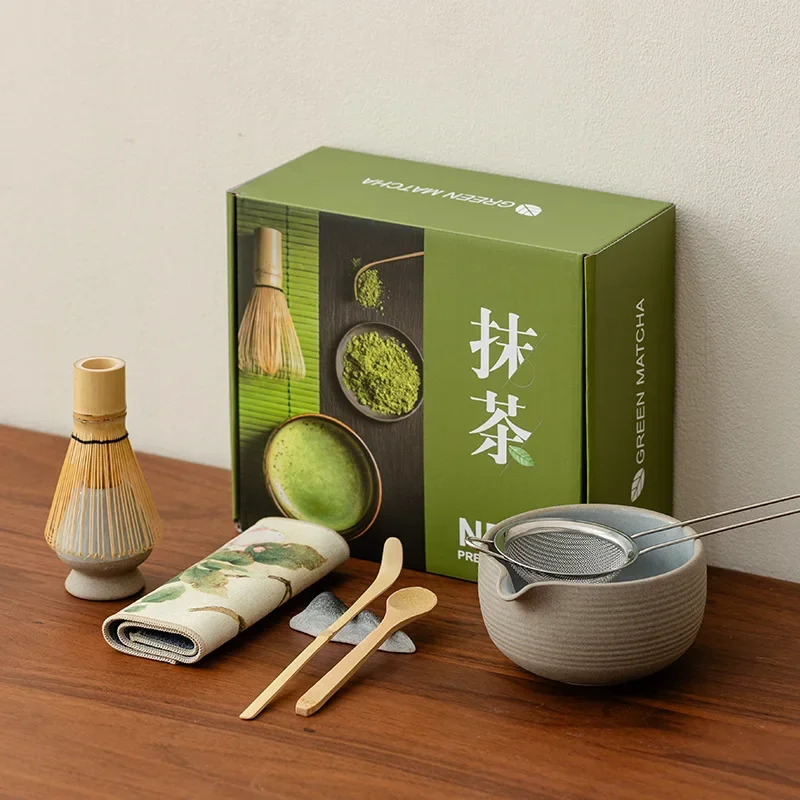 8pcs/set Matcha Set with Bamboo Whisk Vintage Coarse Pottery Raw Mineral Soil Matcha Matchaset  Ceramic Matcha Bowl