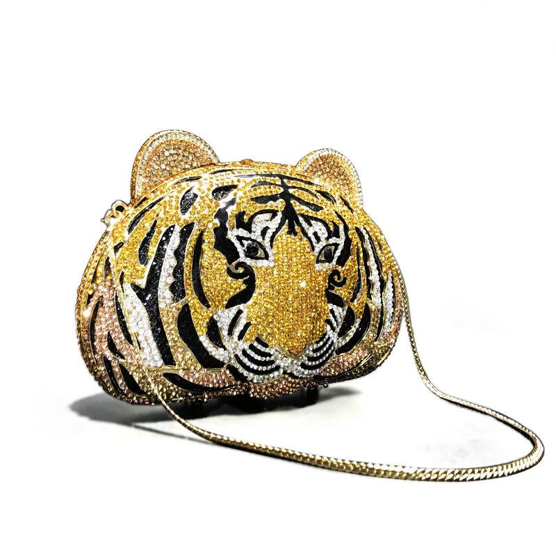 

New Tiger Head Design Evening Bags Metal Prom Clutch Diamonds Clutch With Chain Shoulder Purses Handbags Party Female Purse