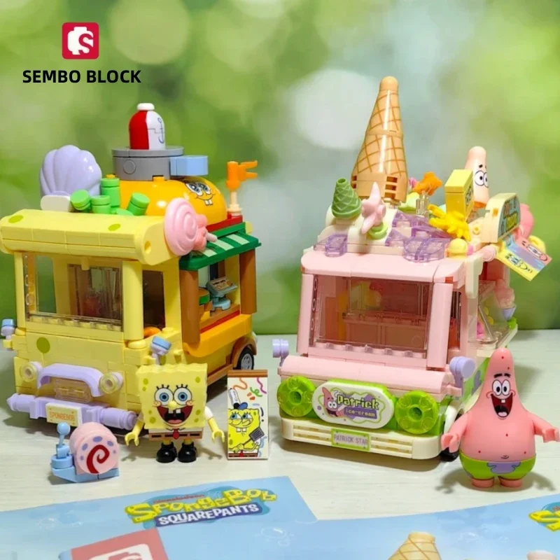 SEMBO BLOCK Building Blocks SpongeBob SquarePants Street Scene Car Assembly Movable Figure Educational Toy Model Ornaments Gift