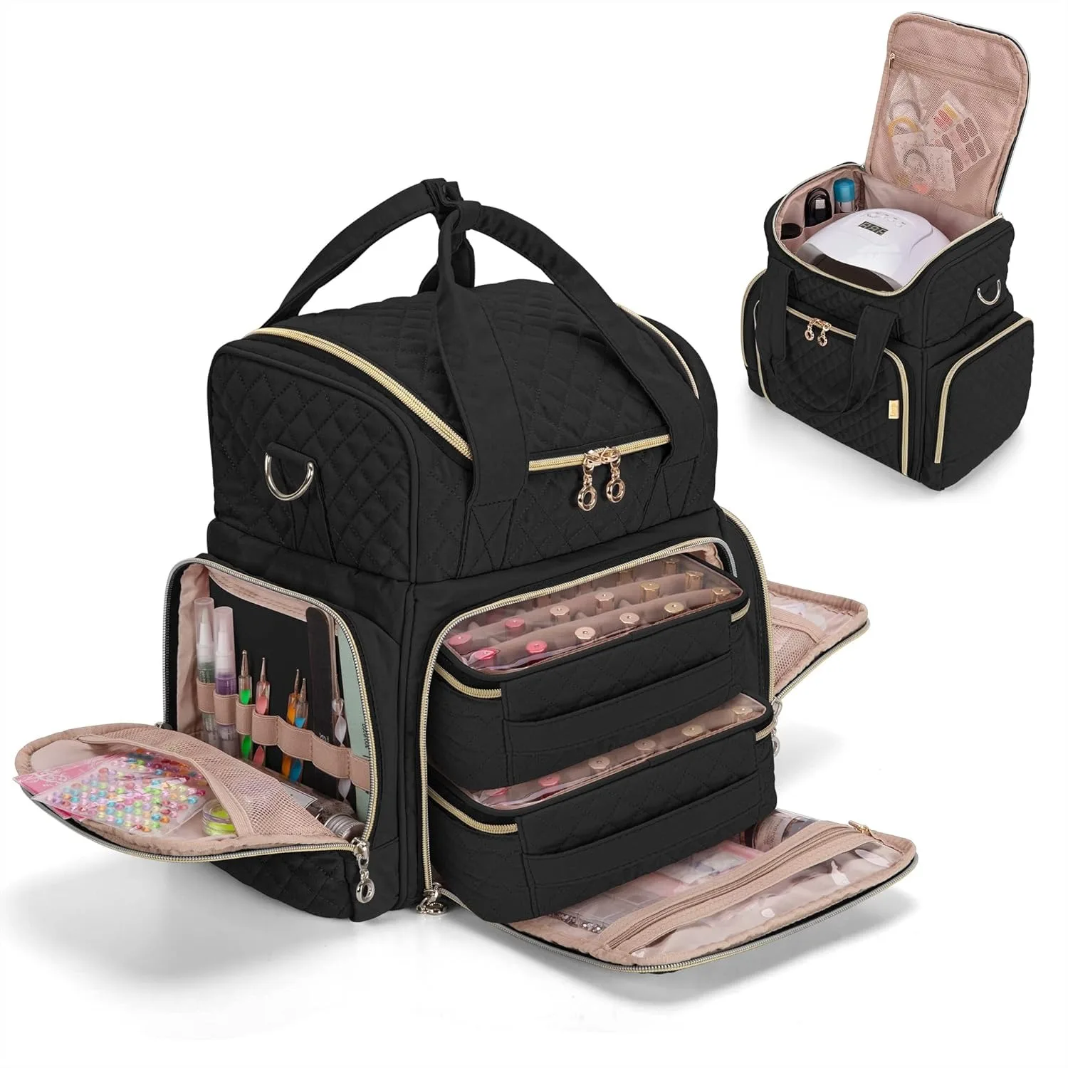

Nail Polish Organizer Holds 48 Bottles, Nail Lamp Storage Case with 2 Removable Bags and Tools Pockets, Black