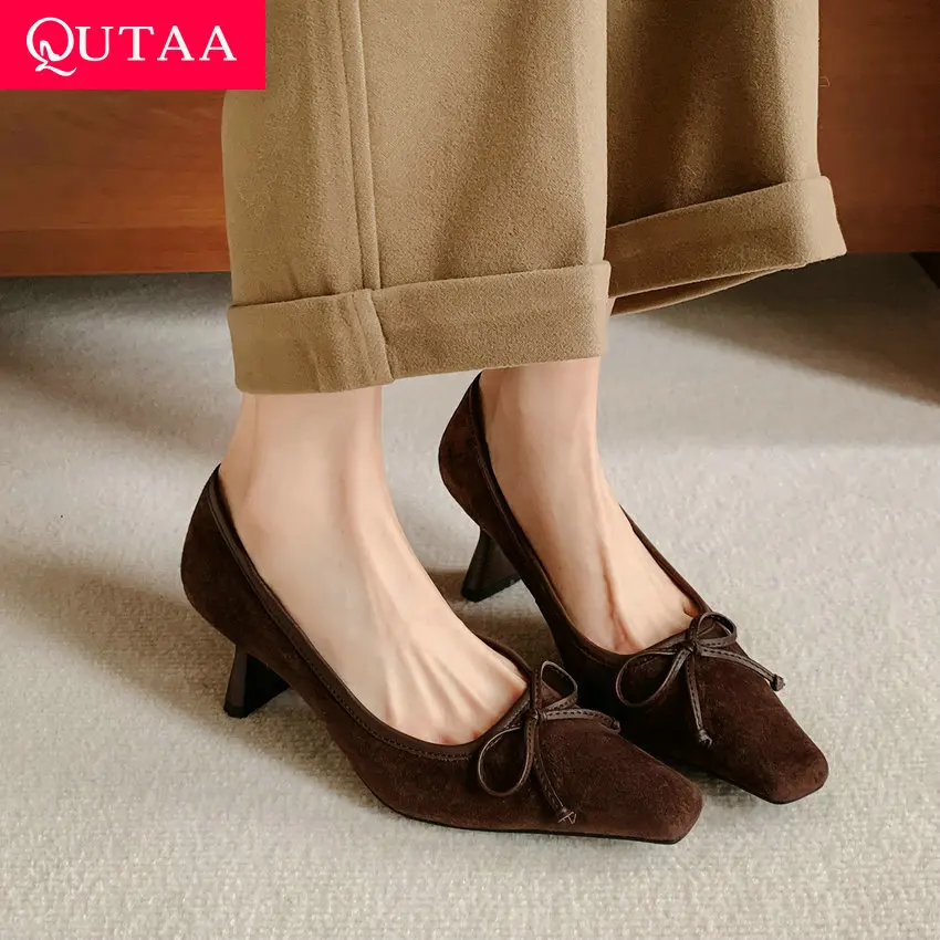 

QUTAA 2024 Women Pumps Square Toe Shoes Woman Spring Summer Basic Office Lady Butterfly-Knot Kid Suede Pumps Size 34-39