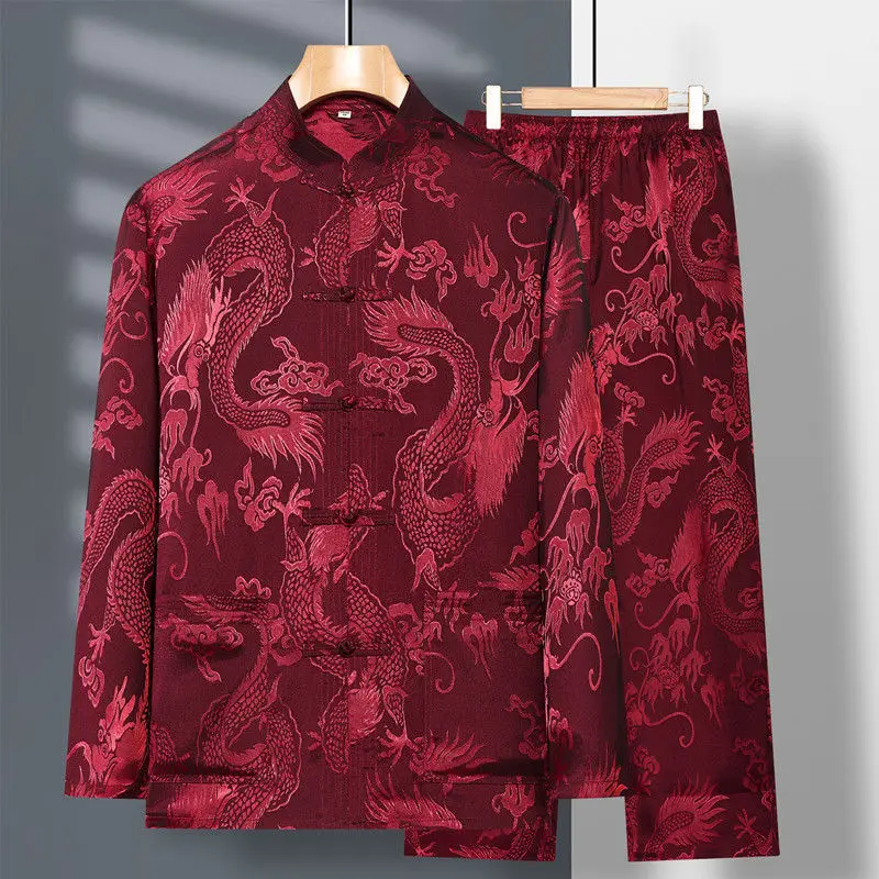 2024 Spring New Middle Aged Elderly Tang Suit Men\'s Long Sleeved Satin Dragon Kung Fu Chinese Plus Size Shirt Training Clothing