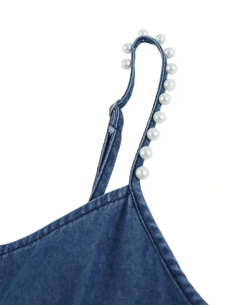 

Womens Faux Pearl Spaghetti Strap Denim Dress Casual Vacation