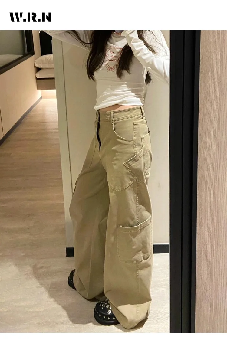 

Повседневные джинсы в стиле гранж в стиле хип-хоп, мешковатые брюки с карманами и шваброй, женские однотонные джинсовые брюки в стиле эмо Y2K в американском стиле ретро