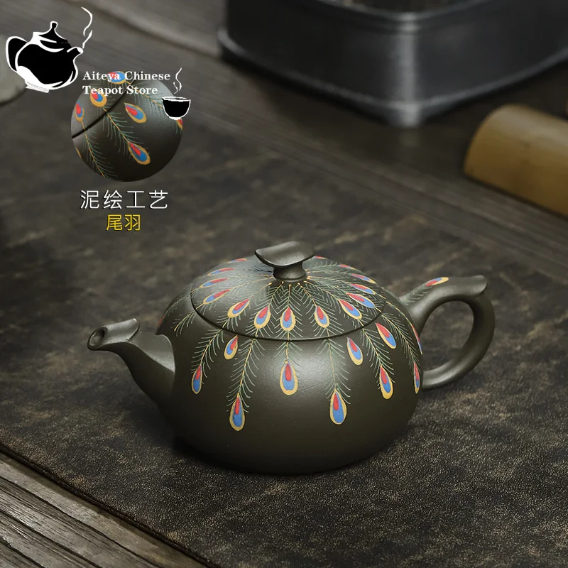 Yixing semi handmade purple clay teapot, raw jade, blue purple clay, spiritual charm, peacock kung fu tea set, Chinese teapot