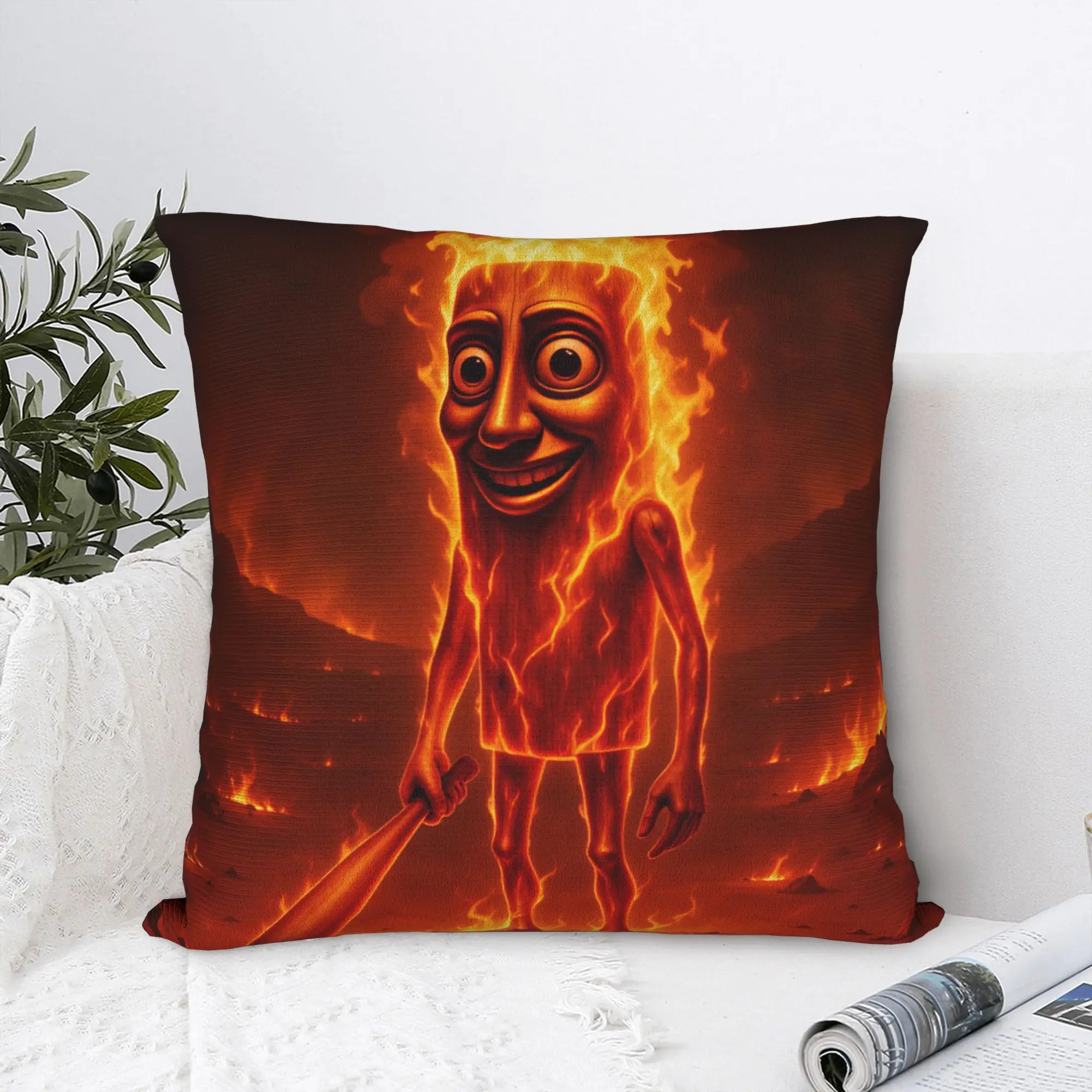 Tung Tung Sahur Burning Fire Meme Pillow Case  Soft Pillow Cover Funny Cushion Cover For Living Room Chair