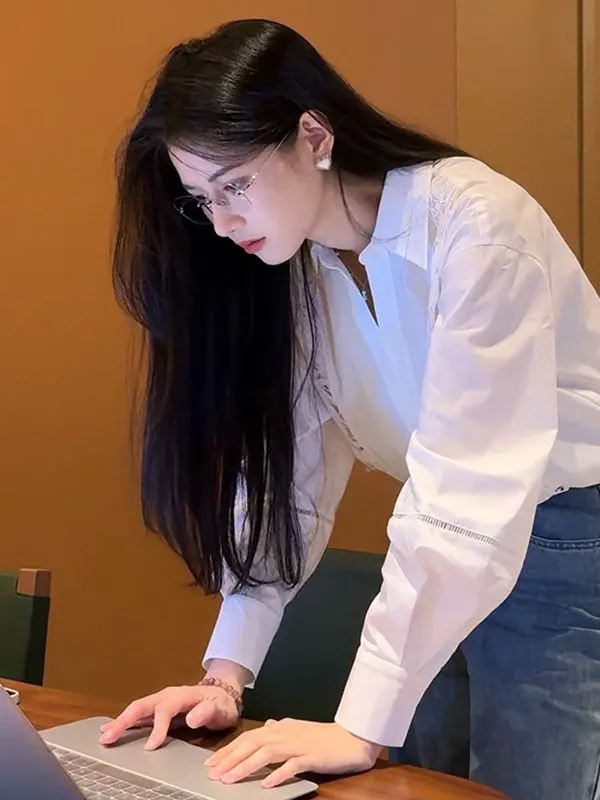 

White Long Sleeve Shirt Women's Outerwear Commute Formal Office Wear Spring Autumn Season New Style Loose Fit Ladies Shirt