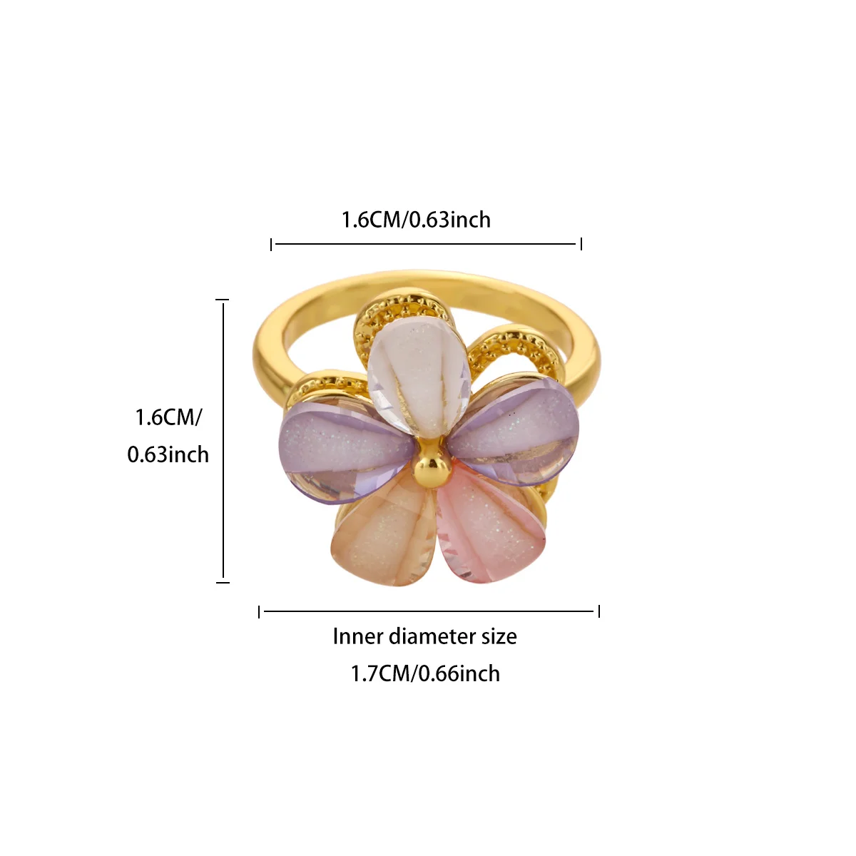 Niedlicher drehbarer Ring mit Blumenmuster aus Harz für Damen, goldfarben, Kupfer, drehbare Blume, offener Manschettenring, trendiger Party-Schmuck – Detail 4
