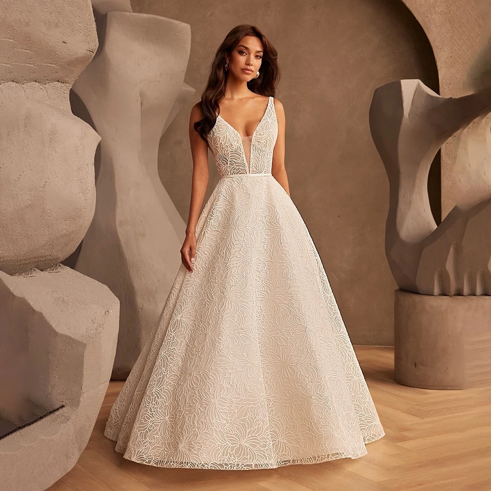 

Customized V-Neck Newest Designs Lace Wedding Gown A-Line Backless Zipper Bridal Gowns Evening Dress vestidos de novia