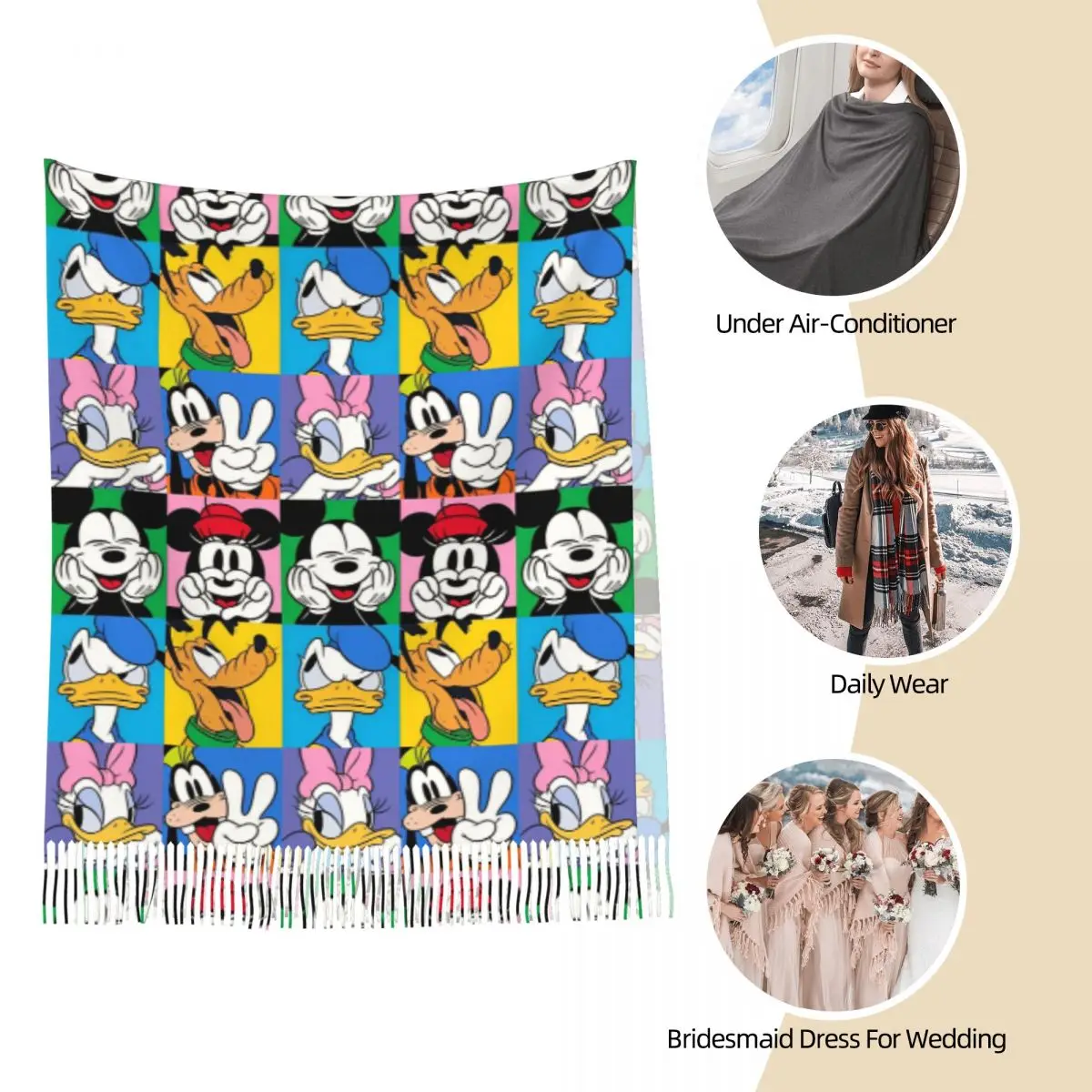 Mickey Minnie Mouse Donald Duck Scarf for Women Winter Warm Cashmere Shawls and Wrap Cartoon Cute Long Large Shawl Scarf Ladies