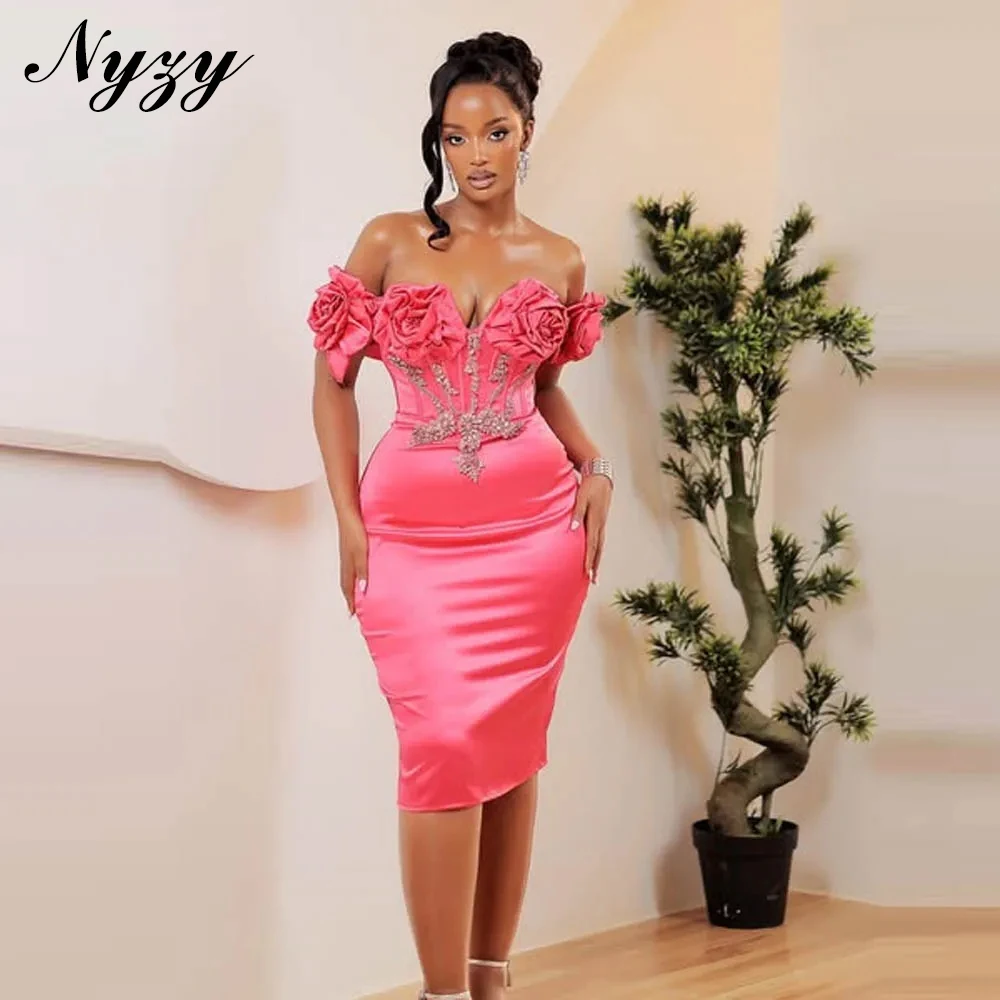 

NYZY C428 Coral Satin 3D Roses Floral Africa Evening Dresses Elegant 2025 Short Celebrity Cocktail Prom Party Gowns Customized