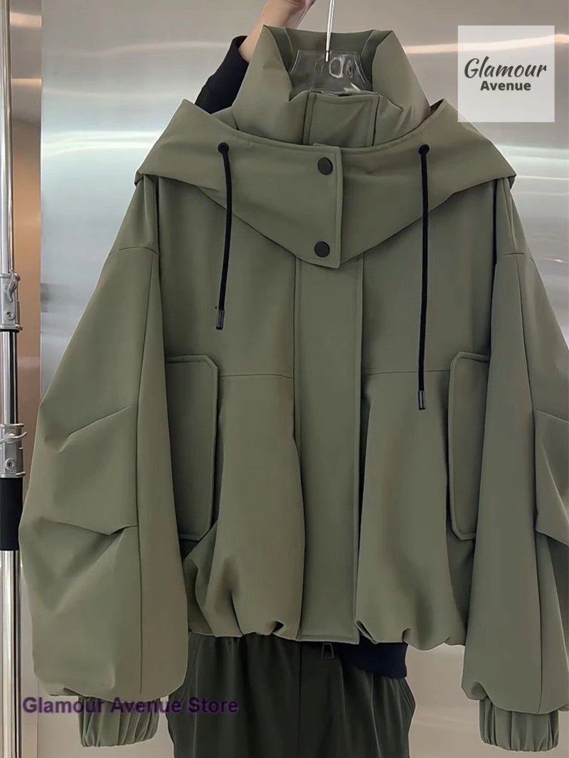 French high-end solid color Joker double-pocket loose coat women's autumn and winter fashion temperament unique tooling jacket