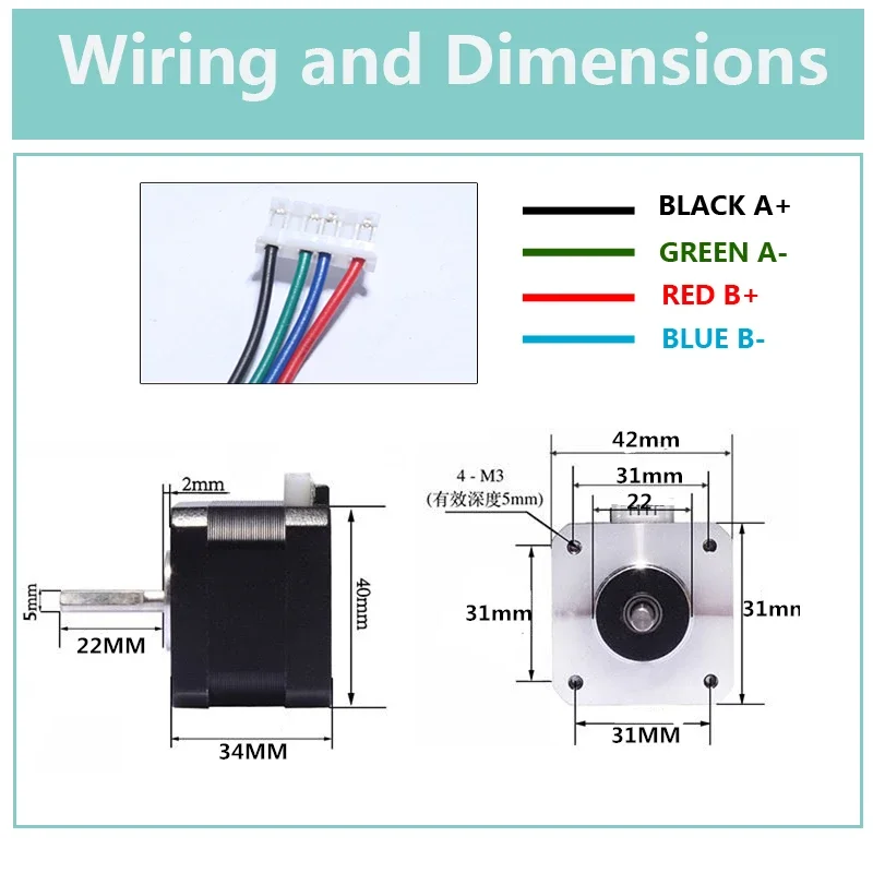 Double Shaft Nema 17 Stepper Motor 0.28N 0.4N 0.55N 0.7N 1.5A 4-lead Electric Equipment 3D Printer CNC Engraving Milling Machine
