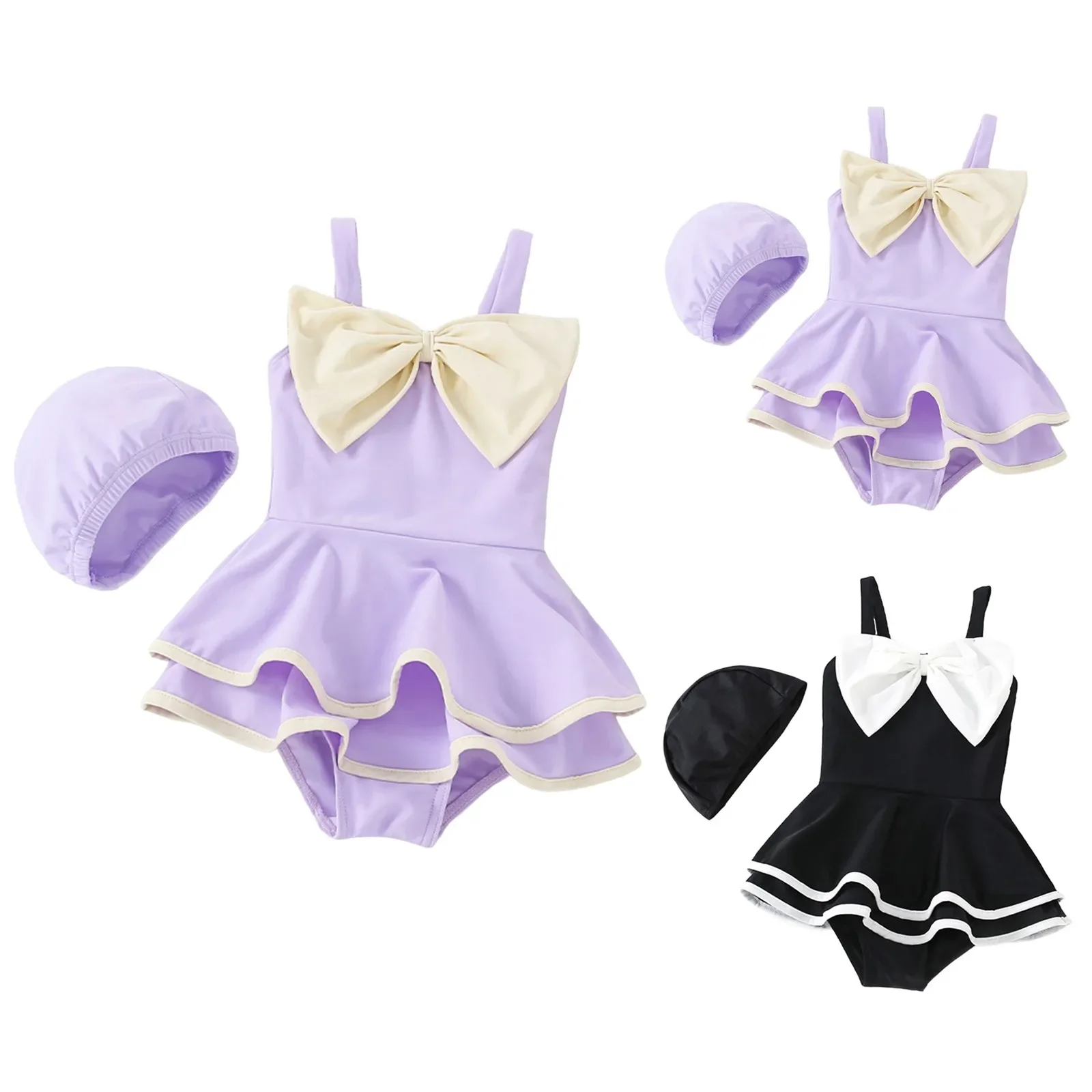 

Toddler Baby Girl Swimsuit Ruffled Bikini Tankini One Piece Swimwear + Hat Infant Bathing Suits For Girls Purple Swimming Suit