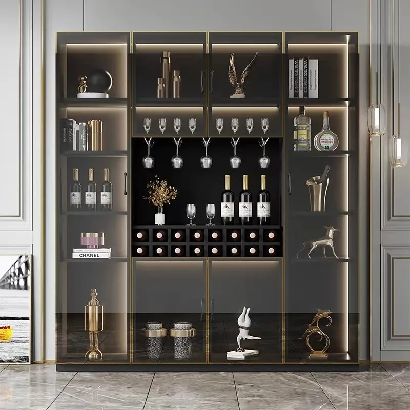 OEM ODM Furniture Living Room Bar Wine Wall Cabinet Cup Boards Wine Display Store Cabinets With LED Light Glass Doors