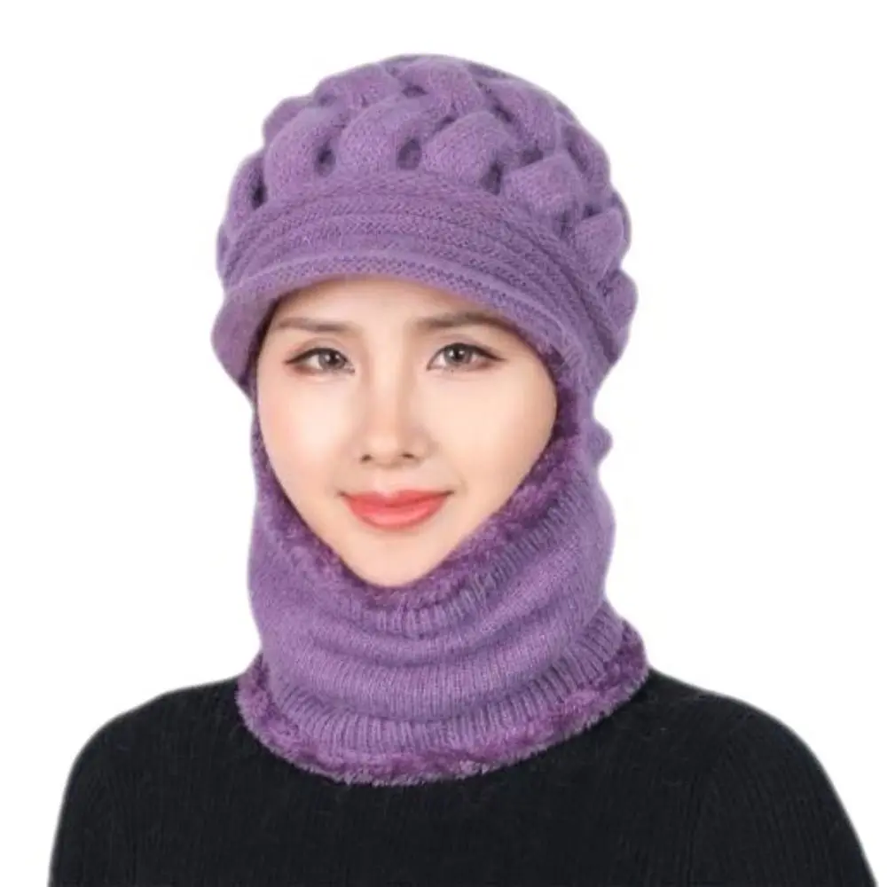 Fashion Winter Knitted Hat Warm Fleece Lining Ear Protection Hat Thicken with Windproof Brim Neck Gaiters For Women