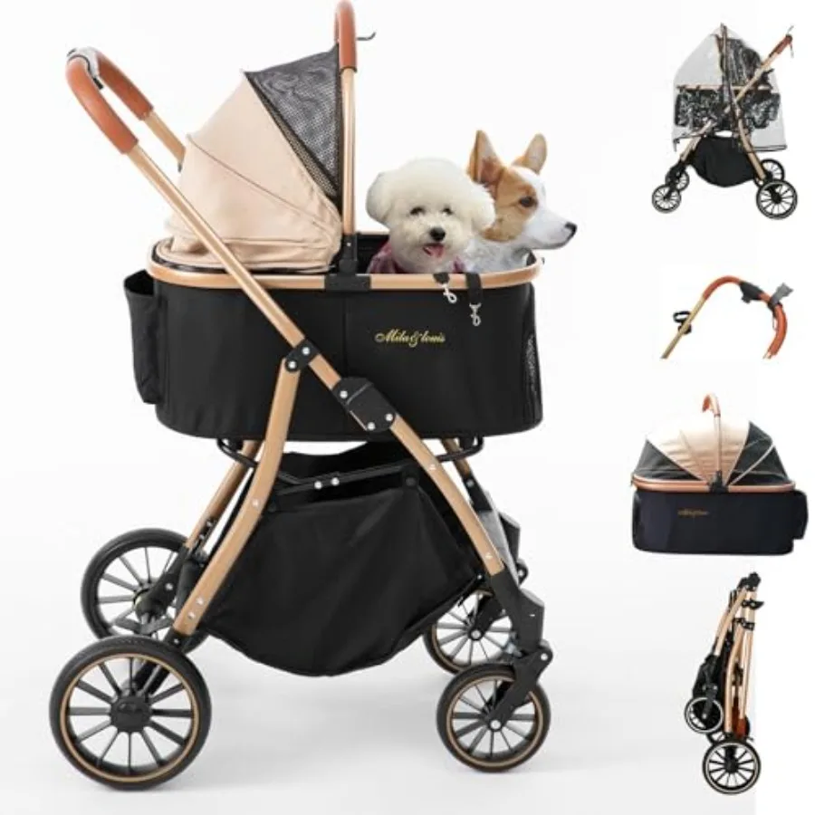 

Dog stroller for outdoor use, PU wear-resistant wheels, black, large 24-inch cradle with detachable aluminum frame, cup holder