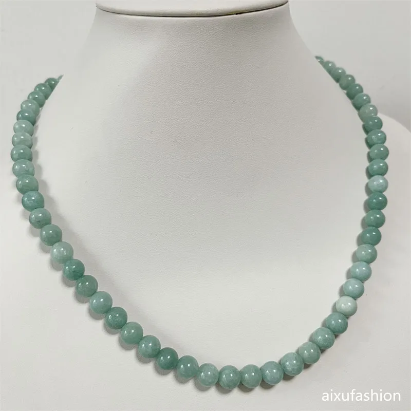 6/8/10MM Green Myanmar Jade Necklace Vintage Natural Stone Burma Jewelry Noble Elegant Exquisite Beaded Chain Choker Collier