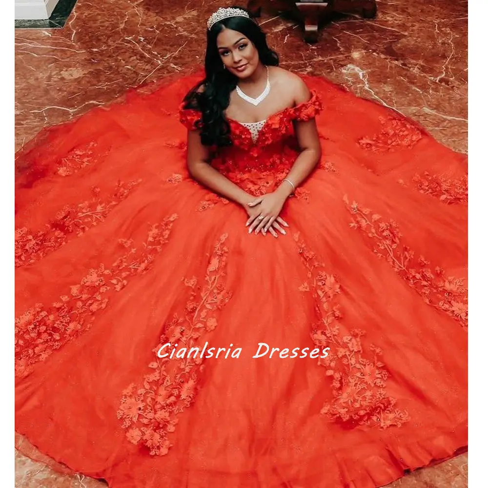 Red Off The Shoulder Princess Quinceanera Dress Ball Gwon 3D Flowers Appliques Sweet 15 Graduation Vestidos De XV Anos