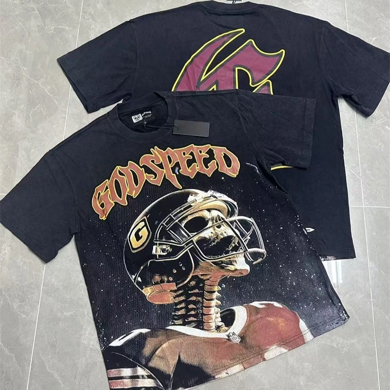 

Black Washed God Speed Men's T-Shirts Oversized Classics Skull Print Godspeed Short Sleeves