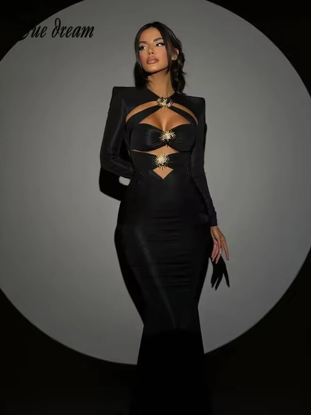 Women Sexy Long Sleeve Cut Out Backless Sun Decoration Black Maxi Bodycon Bandage Dress 2024 Elegant Evening Club Party Dress