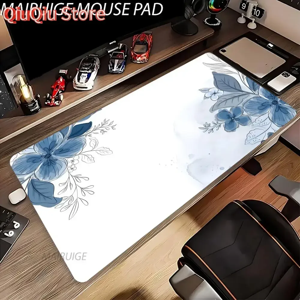 Blue Floral Mouse Pad Large Computer Office Game Table Mat XXL Rubber Anti-slip Stitched Edges Keyboard Mats Home Long Desk Pads