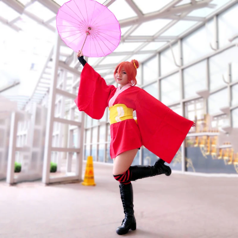 Disfraz de Tokyo Anime Gintama Kagura para mujer, vestido rojo plateado Soul Kagura, Kimono tradicional japonés