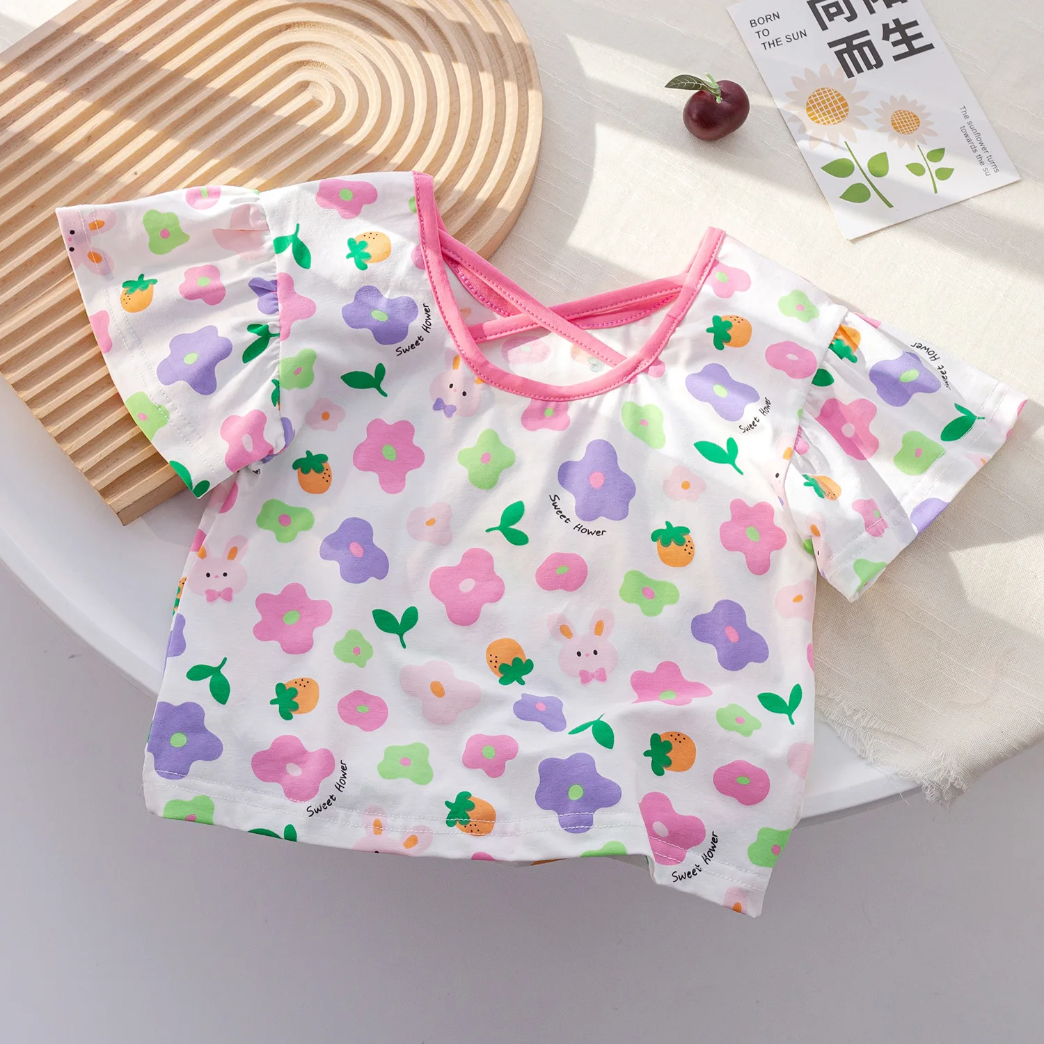 Girls Sweet Short Sleeve T-shirt Summer New Children's Backless Cute Print Top Korean Fashion Flying Sleeve Bottoming Tees